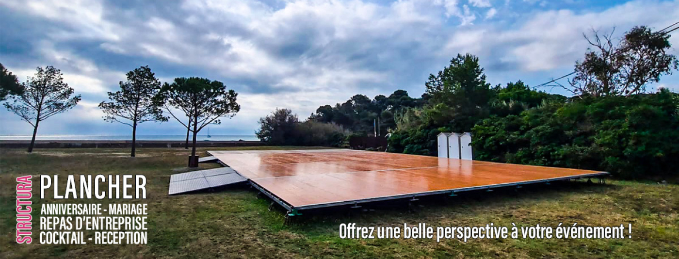 Plancher en location. Courte, moyenne et longue durée. Toute la France. Adaptable à votre terrain, nous faisons une mise à niveau selon le dénivelé… Avec ou sans couvertures, le plancher en bois est parfait pour vos pistes de danse et repas à l’extérieur et même les patinoires !