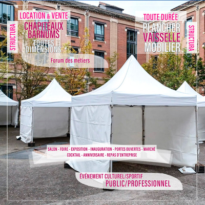 Vous souhaitez louer une pagode de 3m x 3m ou plusieurs pagodes alignées ou séparées pour votre événement tel que présenté ici lors d'un forum des métiers