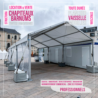 Chapiteau et barnum pour les professionnels. Repas d'entreprise, inauguration, cocktail, anniversaire, agrandissement commercial et zone de stockage. N'hésitez pas à nous contacter ! Sur toute l'Occitanie et la France