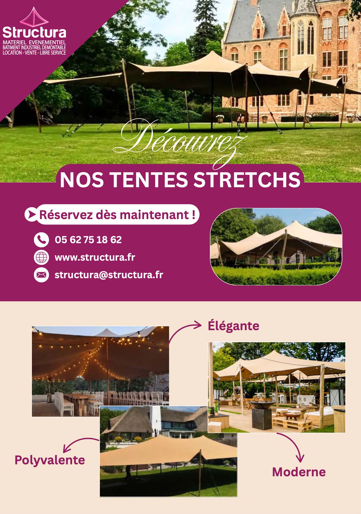 Tentes stretches : Élégantes et contemporaines, elles créent une ambiance unique tout en offrant confort et protection à vos invités. Mariages, réceptions privées, événements d'entreprise ou festivals les tentes stretch apportent une touche originale et raffinée à chaque occasion.