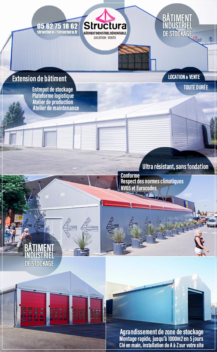 Entrepôt, plateforme logistique, atelier de production et de maintenance, ultra résistant, montage rapide