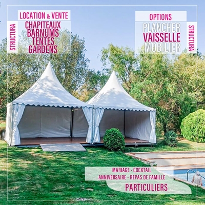 Gardens alignées pour mariage, cocktail, anniversaire, repas de famille, et du mobilier, plancher et de la vaisselle pour agrémenter l'instant !