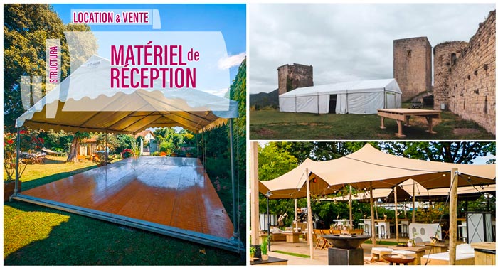 Location matériel de réception, chapiteaux, tentes, barnums, mobilier, vaisselle, nappage, plancher sur Toulouse, Montpellier et toute la France.