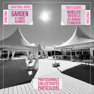 Mariage, Anniversaire, Baptême, Vin d'honneur, Salon, Foire, Exposition, Inauguration, Evénement sportif, Séminaire, Festival, Portes ouvertes, Conférence… Structura propose toute l'année la Location de courte, moyenne et longue durée et la Vente de Tentes sur toute la France. Anticipez et Créez vos espaces pour protéger vos réceptions extérieures des intempéries (pluies, fortes chaleurs…)