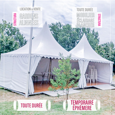 Mariage, Anniversaire, Baptême, Vin d'honneur, Salon, Foire, Exposition, Inauguration, Evénement sportif, Séminaire, Festival, Portes ouvertes, Conférence… Structura propose toute l'année la Location de courte, moyenne et longue durée et la Vente de Gardens, Tentes et Pagodes sur toute la France.