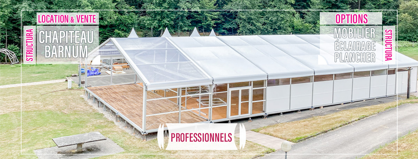 Professionnels, nous vous proposons des chapiteaux/barnums de réception et des accessoires/options pour : agrandissement de votre dépôt ou magasin, restaurant d’entreprise éphémère, magasin éphémère, travaux, exposition, inauguration